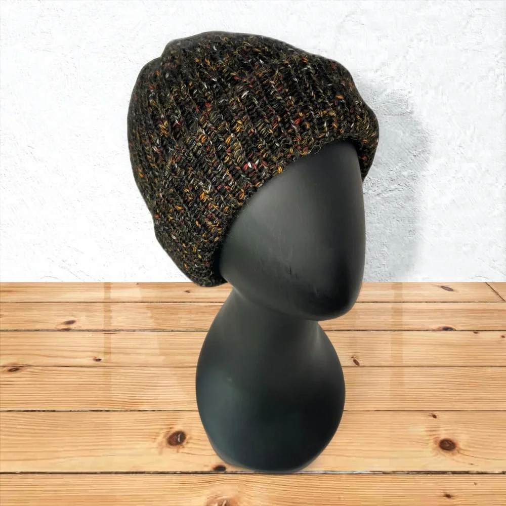 Handmade Charcoal Black Tweed Beanie – Cozy Cotton & Alpaca Blend – Unisex Hat